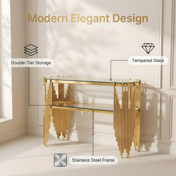 English Elm Luxury Art Deco Console Table Polished Steel Frame Dual Tempered Glass Entryway Accent Gold W3456S00061