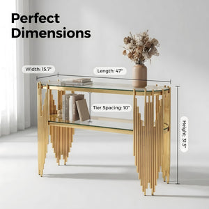 English Elm Luxury Art Deco Console Table Polished Steel Frame Dual Tempered Glass Entryway Accent Gold W3456S00061