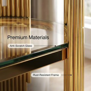 English Elm Luxury Art Deco Console Table Polished Steel Frame Dual Tempered Glass Entryway Accent Gold W3456S00061