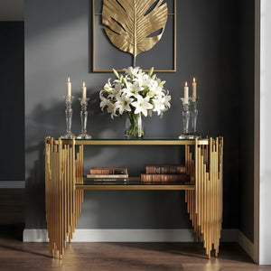 English Elm Luxury Art Deco Console Table Polished Steel Frame Dual Tempered Glass Entryway Accent Gold W3456S00061