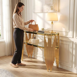 English Elm Luxury Art Deco Console Table Polished Steel Frame Dual Tempered Glass Entryway Accent Gold W3456S00061
