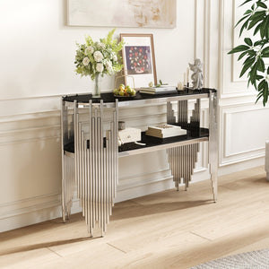 English Elm Luxury Art Deco Console Table Polished Steel Frame Dual Tempered Glass Entryway Accent Black+Silver W3456S00062
