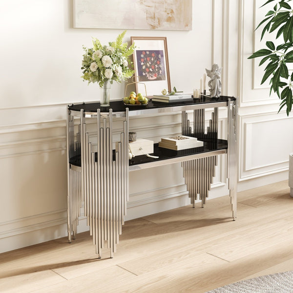 English Elm Luxury Art Deco Console Table Polished Steel Frame Dual Tempered Glass Entryway Accent Black+Silver W3456S00062