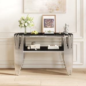 English Elm Luxury Art Deco Console Table Polished Steel Frame Dual Tempered Glass Entryway Accent Black+Silver W3456S00062