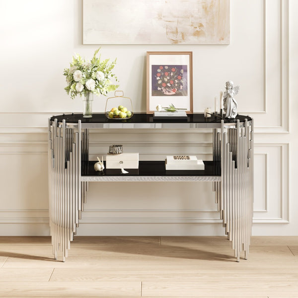 English Elm Luxury Art Deco Console Table Polished Steel Frame Dual Tempered Glass Entryway Accent Black+Silver W3456S00062
