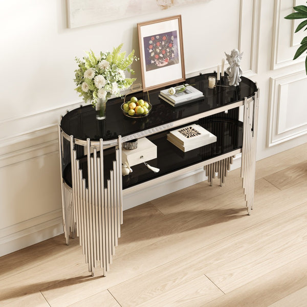 English Elm Luxury Art Deco Console Table Polished Steel Frame Dual Tempered Glass Entryway Accent Black+Silver W3456S00062