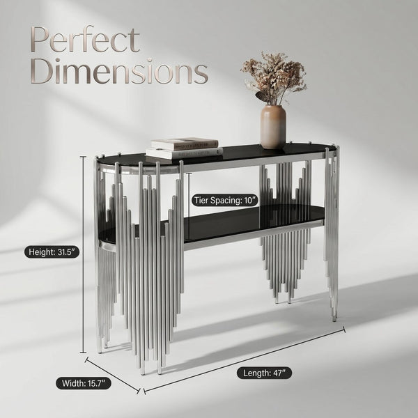 English Elm Luxury Art Deco Console Table Polished Steel Frame Dual Tempered Glass Entryway Accent Black+Silver W3456S00062