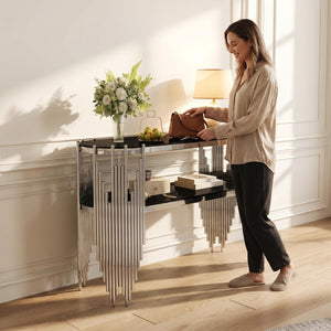 English Elm Luxury Art Deco Console Table Polished Steel Frame Dual Tempered Glass Entryway Accent Black+Silver W3456S00062