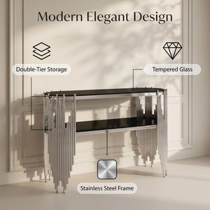 English Elm Luxury Art Deco Console Table Polished Steel Frame Dual Tempered Glass Entryway Accent Black+Silver W3456S00062