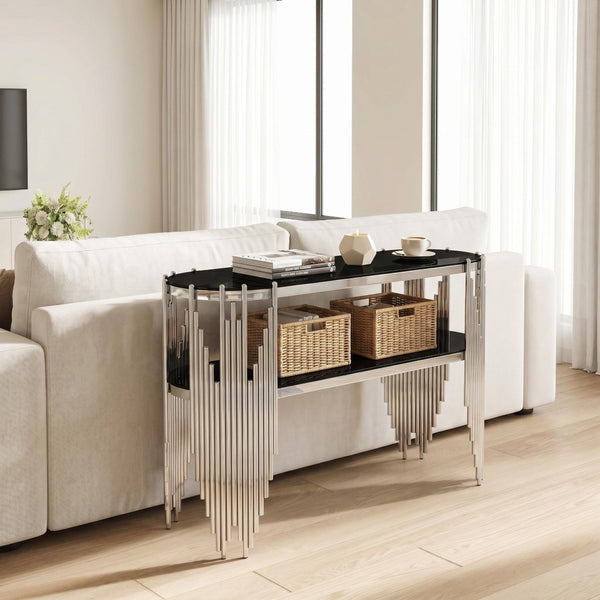 English Elm Luxury Art Deco Console Table Polished Steel Frame Dual Tempered Glass Entryway Accent Black+Silver W3456S00062