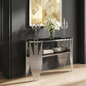 English Elm Luxury Art Deco Console Table Polished Steel Frame Dual Tempered Glass Entryway Accent Black+Silver W3456S00062