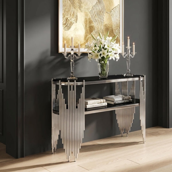 English Elm Luxury Art Deco Console Table Polished Steel Frame Dual Tempered Glass Entryway Accent Black+Silver W3456S00062