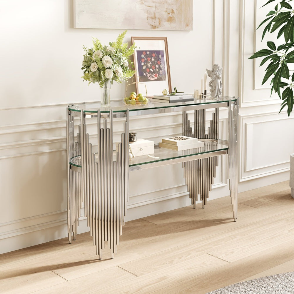 English Elm Luxury Art Deco Console Table Polished Steel Frame Dual Tempered Glass Entryway Accent Silver+Clear W3456S00063