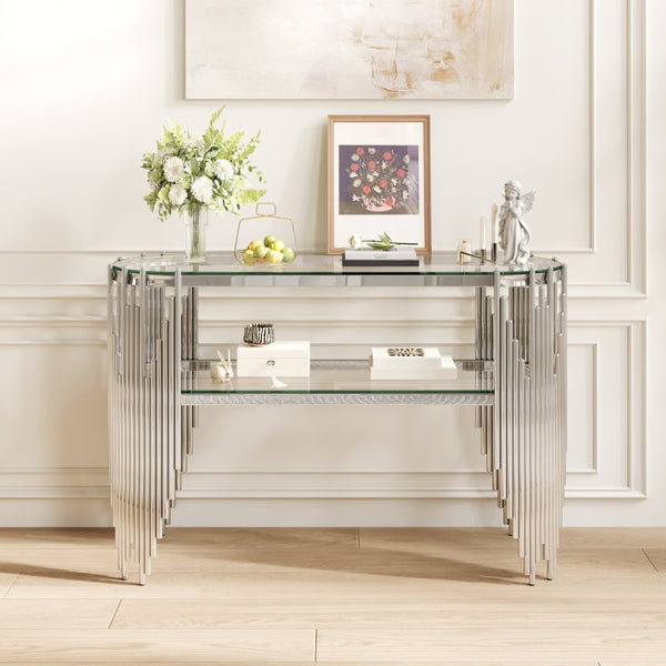 English Elm Luxury Art Deco Console Table Polished Steel Frame Dual Tempered Glass Entryway Accent Silver+Clear W3456S00063