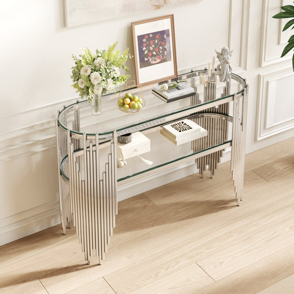 English Elm Luxury Art Deco Console Table Polished Steel Frame Dual Tempered Glass Entryway Accent Silver+Clear W3456S00063