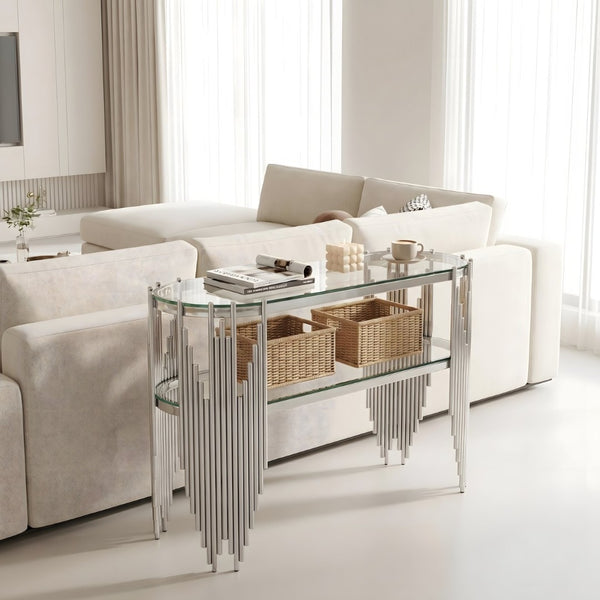English Elm Luxury Art Deco Console Table Polished Steel Frame Dual Tempered Glass Entryway Accent Silver+Clear W3456S00063