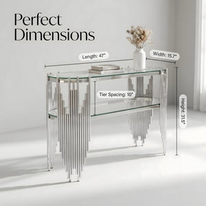English Elm Luxury Art Deco Console Table Polished Steel Frame Dual Tempered Glass Entryway Accent Silver+Clear W3456S00063