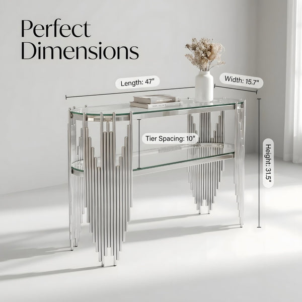 English Elm Luxury Art Deco Console Table Polished Steel Frame Dual Tempered Glass Entryway Accent Silver+Clear W3456S00063