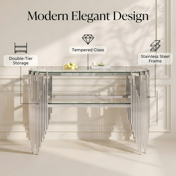 English Elm Luxury Art Deco Console Table Polished Steel Frame Dual Tempered Glass Entryway Accent Silver+Clear W3456S00063