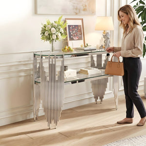 English Elm Luxury Art Deco Console Table Polished Steel Frame Dual Tempered Glass Entryway Accent Silver+Clear W3456S00063
