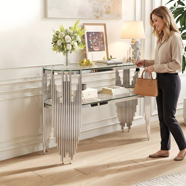 English Elm Luxury Art Deco Console Table Polished Steel Frame Dual Tempered Glass Entryway Accent Silver+Clear W3456S00063