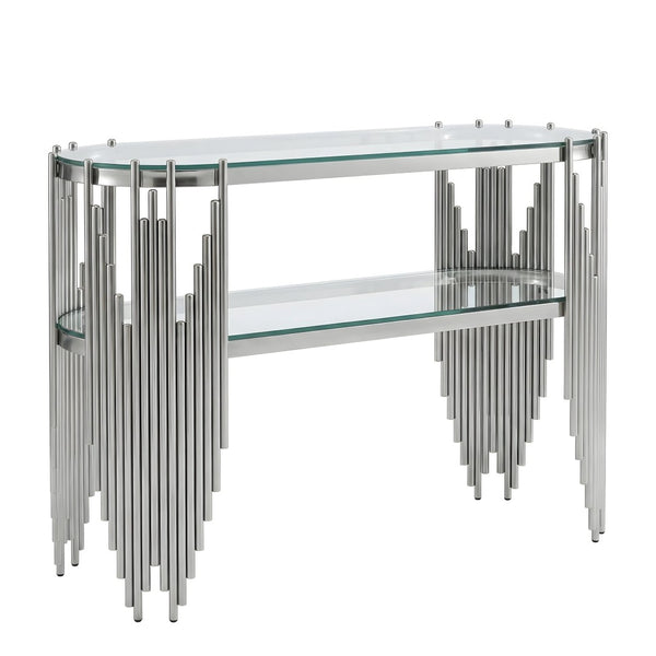 English Elm Luxury Art Deco Console Table Polished Steel Frame Dual Tempered Glass Entryway Accent Silver+Clear W3456S00063