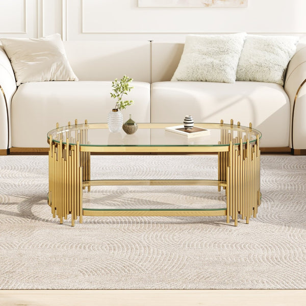 English Elm Luxury Oval Coffee Table with Two-Tier Tempered Glass and Sculptural Steel Frame Gold W3456S00064