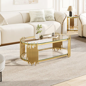 English Elm Luxury Oval Coffee Table with Two-Tier Tempered Glass and Sculptural Steel Frame Gold W3456S00064