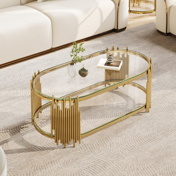 English Elm Luxury Oval Coffee Table with Two-Tier Tempered Glass and Sculptural Steel Frame Gold W3456S00064