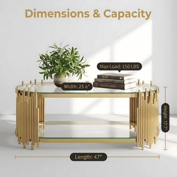 English Elm Luxury Oval Coffee Table with Two-Tier Tempered Glass and Sculptural Steel Frame Gold W3456S00064