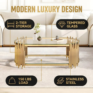 English Elm Luxury Oval Coffee Table with Two-Tier Tempered Glass and Sculptural Steel Frame Gold W3456S00064