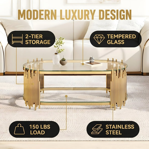 English Elm Luxury Oval Coffee Table with Two-Tier Tempered Glass and Sculptural Steel Frame Gold W3456S00064