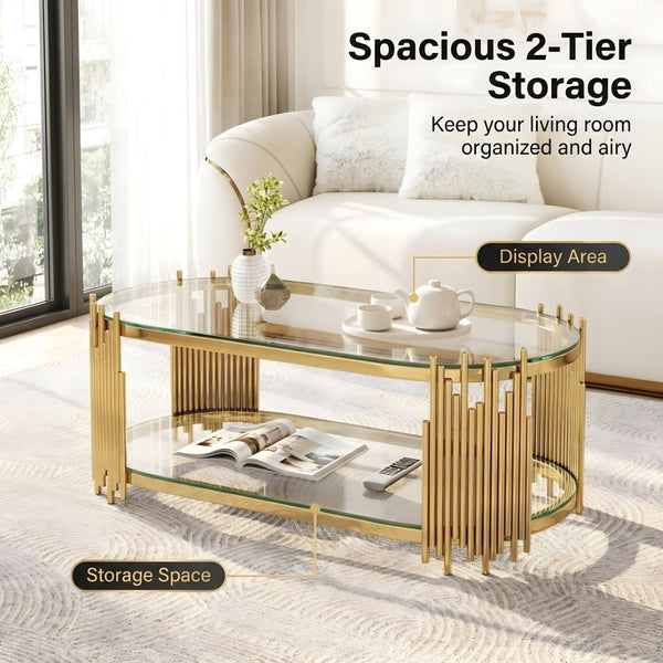 English Elm Luxury Oval Coffee Table with Two-Tier Tempered Glass and Sculptural Steel Frame Gold W3456S00064