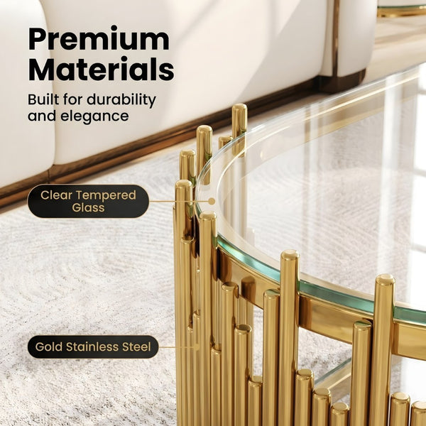 English Elm Luxury Oval Coffee Table with Two-Tier Tempered Glass and Sculptural Steel Frame Gold W3456S00064