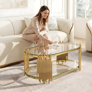 English Elm Luxury Oval Coffee Table with Two-Tier Tempered Glass and Sculptural Steel Frame Gold W3456S00064