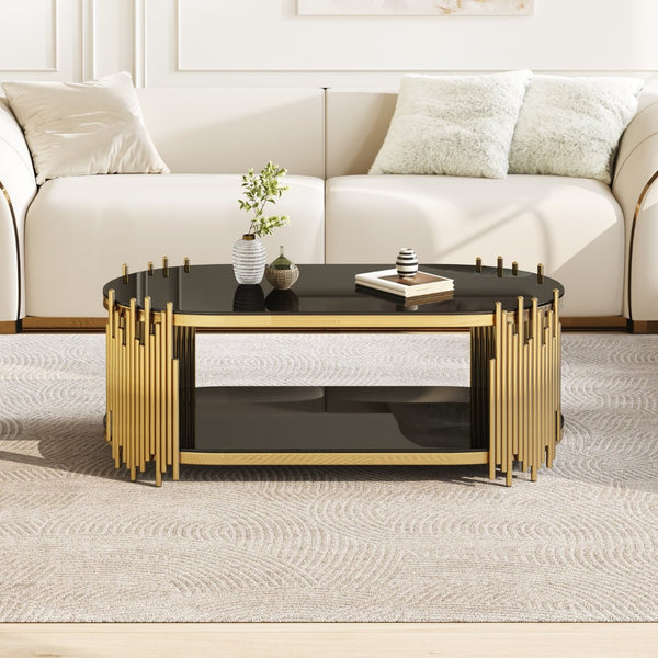 English Elm Luxury Oval Coffee Table with Two-Tier Tempered Glass and Sculptural Steel Frame Gold+Black W3456S00065