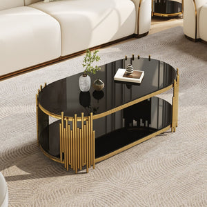 English Elm Luxury Oval Coffee Table with Two-Tier Tempered Glass and Sculptural Steel Frame Gold+Black W3456S00065