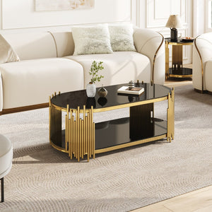 English Elm Luxury Oval Coffee Table with Two-Tier Tempered Glass and Sculptural Steel Frame Gold+Black W3456S00065