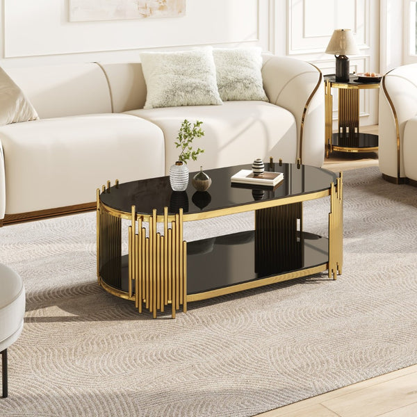 English Elm Luxury Oval Coffee Table with Two-Tier Tempered Glass and Sculptural Steel Frame Gold+Black W3456S00065
