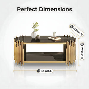 English Elm Luxury Oval Coffee Table with Two-Tier Tempered Glass and Sculptural Steel Frame Gold+Black W3456S00065