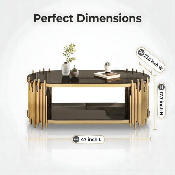 English Elm Luxury Oval Coffee Table with Two-Tier Tempered Glass and Sculptural Steel Frame Gold+Black W3456S00065