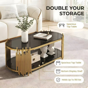 English Elm Luxury Oval Coffee Table with Two-Tier Tempered Glass and Sculptural Steel Frame Gold+Black W3456S00065