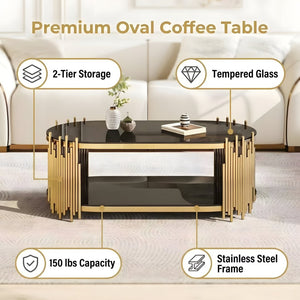 English Elm Luxury Oval Coffee Table with Two-Tier Tempered Glass and Sculptural Steel Frame Gold+Black W3456S00065
