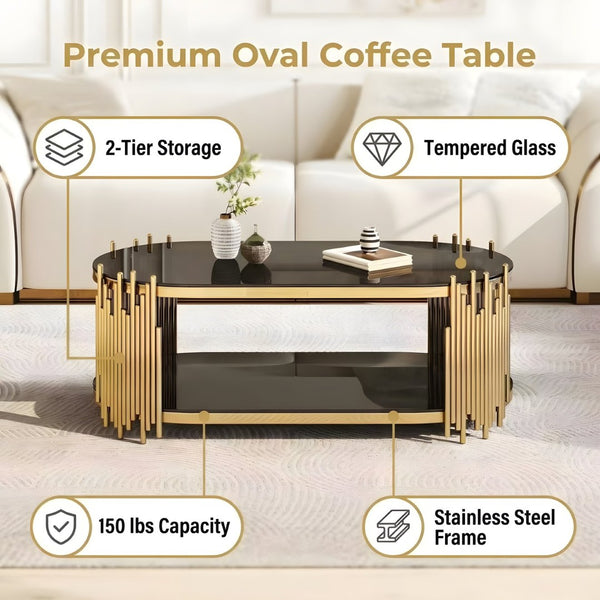 English Elm Luxury Oval Coffee Table with Two-Tier Tempered Glass and Sculptural Steel Frame Gold+Black W3456S00065