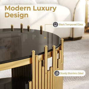 English Elm Luxury Oval Coffee Table with Two-Tier Tempered Glass and Sculptural Steel Frame Gold+Black W3456S00065