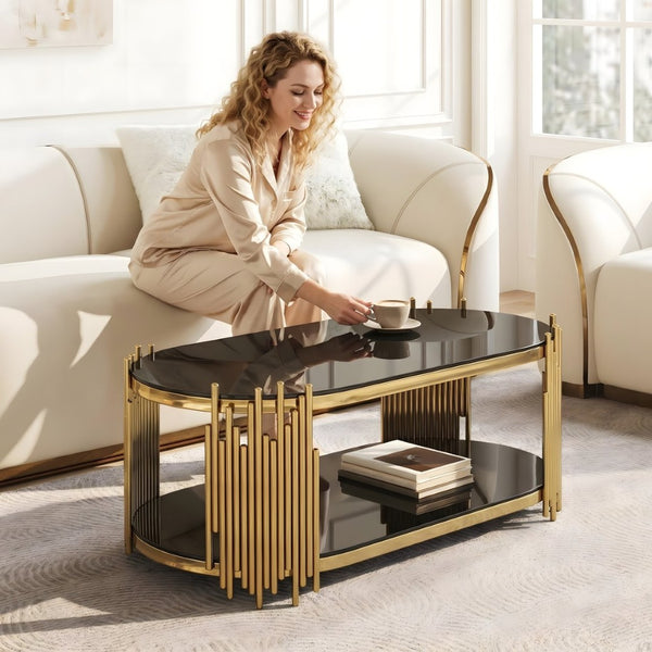 English Elm Luxury Oval Coffee Table with Two-Tier Tempered Glass and Sculptural Steel Frame Gold+Black W3456S00065