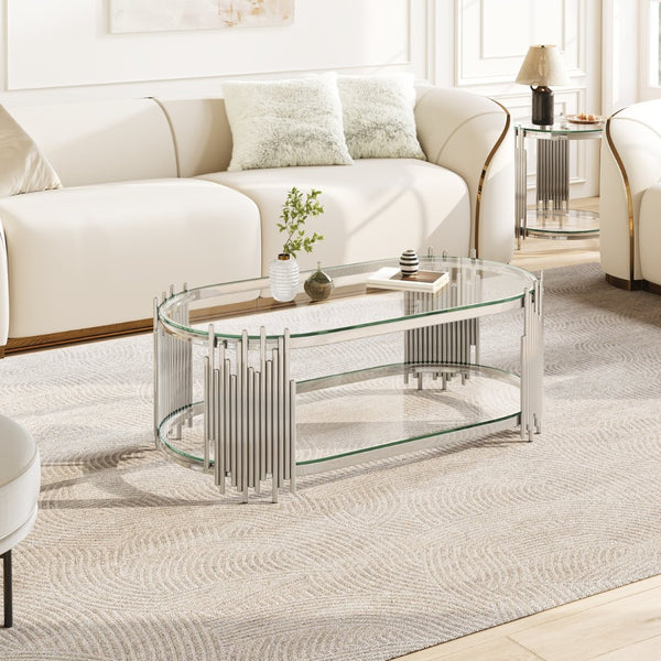 English Elm Luxury Oval Glass Coffee Table Polished Steel Organ Pipe Base Modern Living Room W3456S00066