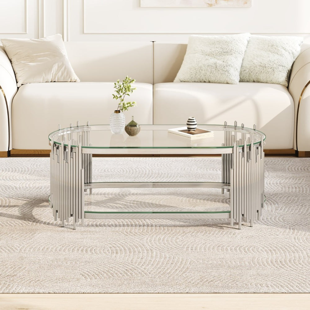 English Elm Luxury Oval Glass Coffee Table Polished Steel Organ Pipe Base Modern Living Room W3456S00066