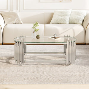 English Elm Luxury Oval Glass Coffee Table Polished Steel Organ Pipe Base Modern Living Room W3456S00066