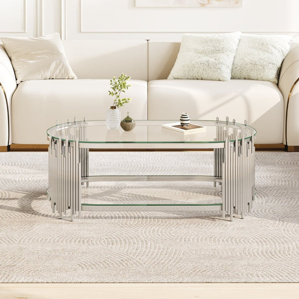 English Elm Luxury Oval Glass Coffee Table Polished Steel Organ Pipe Base Modern Living Room W3456S00066
